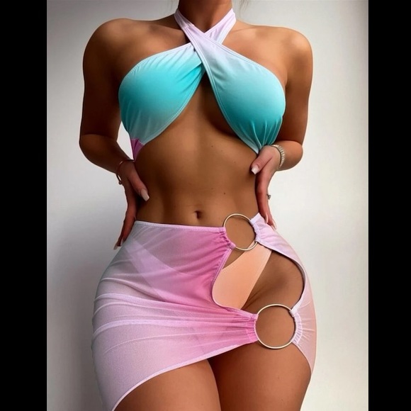 Ombre Ring Linked Bikini Swimsuit With Beach Skirt💛💖 - Picture 1 of 7